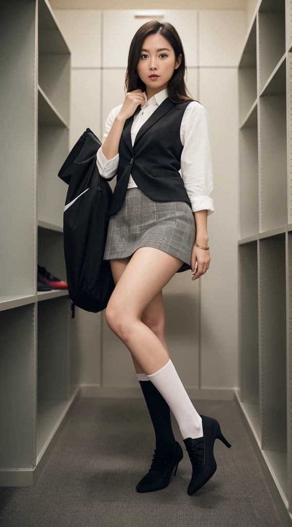 run-6500-v1.1, (RAW Photos : 1.2), (Realistic), (Genuine: 1.4). 1 girl, Perfect Anatomy, 22years old. Looking into the camera. 黒socks are beautiful, Medium Long Hair, Plaid vest, ((Change clothes in the locker room: 1.3) ).
(Trying on some ultra-realistic black ショートsocks : The socks have the NIKE logo on them.:
1.2), (High heels), (Business services), Asian Eyes Ella, Wearing nice black short socks.