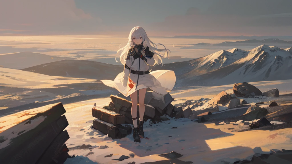 masterpiece:1.2), best quality , solo ,pixiv, anime girl ,long straight white hair , black eyes ,Wearing off-white camouflage uniform ,ten years old,battlefield,Standing in the snowy mountains,(Eyes looking into the distance:1.3),There is a flame burning beside you,(look away:1.5),snowy weather,The girl stands among the deserted snowy mountains,blood on forehead,dirty face,Background mixed with metal fragments:1.2,Backlight,Black lake in the background,Stand on a glacier,Bare rocky peaks , Scrap metal on the snow,The expression is sad