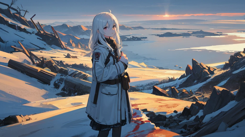 masterpiece:1.2), best quality , solo ,pixiv, anime girl ,long straight white hair , black eyes ,Wearing off-white camouflage uniform ,ten years old,battlefield,Standing in the snowy mountains,(Eyes looking into the distance:1.3),There is a flame burning beside you,(look away:1.5),snowy weather,The girl stands among the deserted snowy mountains,blood on forehead,dirty face,Background mixed with metal fragments:1.2,Backlight,Black lake in the background,Stand on a glacier,Bare rocky peaks , Scrap metal on the snow,The expression is sad