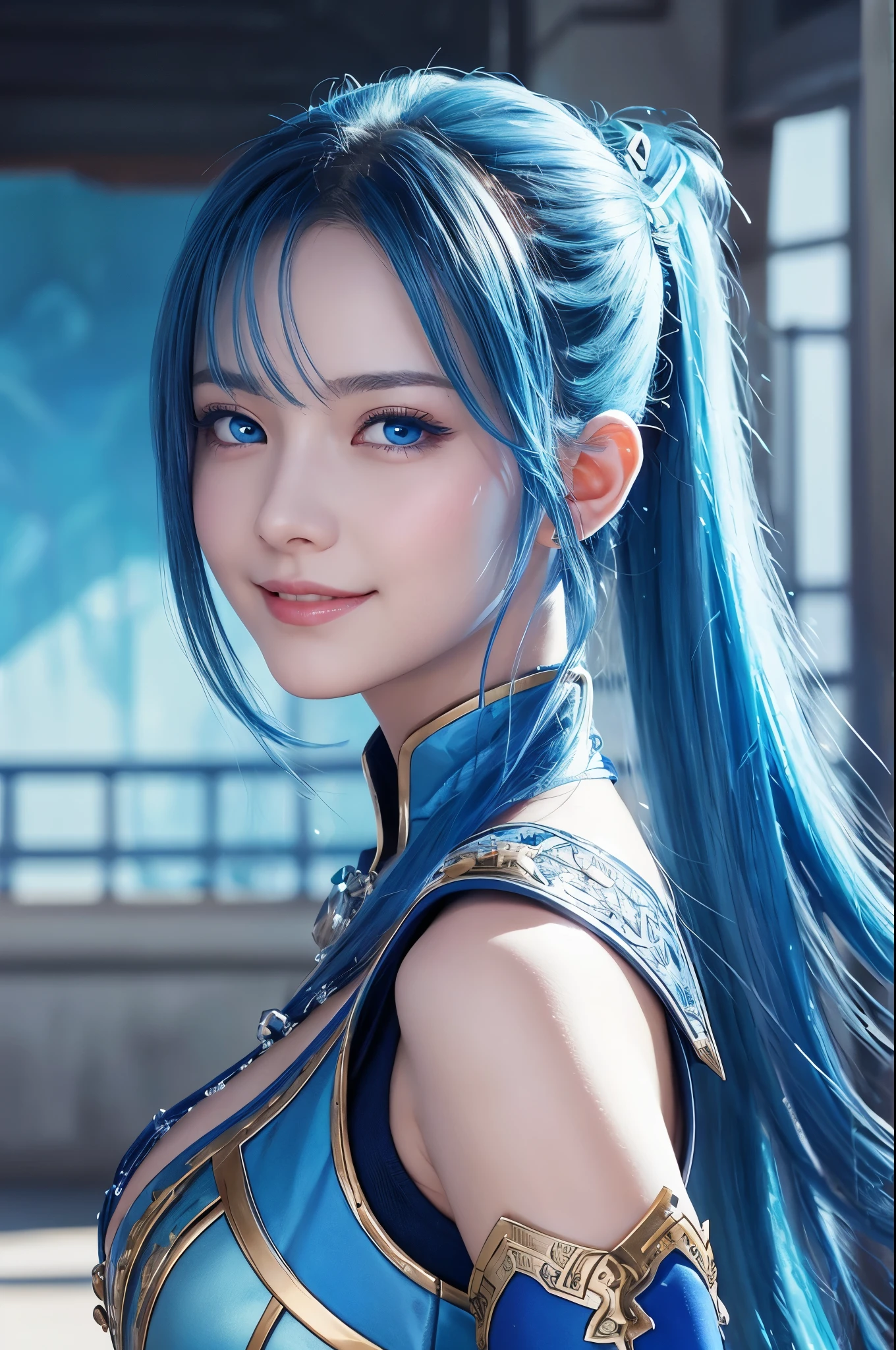 8k,Close-up of a woman in a blue and white dress、Draw your sword,Shiny blue hair, Super Beauty,(Like the real thing)blue eyes,smile.ponytail,Chengwei Pan at Art Station、 By Yang Jo、 Detailed fantasy art、Amazing character art、 Fan Art Best Art Station、 Gorgeous and detailed character art、 Beautiful Armor、Highly detailed art gems、 Detailed digital animation art、 Art Station pixiv&#39;s artgerm、 Girl in armor,Dynamic Angle,Ultra-high resolution,Laugh out loud,Realistic Skin,attractive,Sexy,Active,Rich colors, Backlight, Cinema Lighting, Film Grain, 50mm lens, Nikon D850,Ultra-high resolution,Ultra-realistic,compensate,Super sexy,Big eyes,Beautiful breasts,Dynamic pose,大きなsmile,