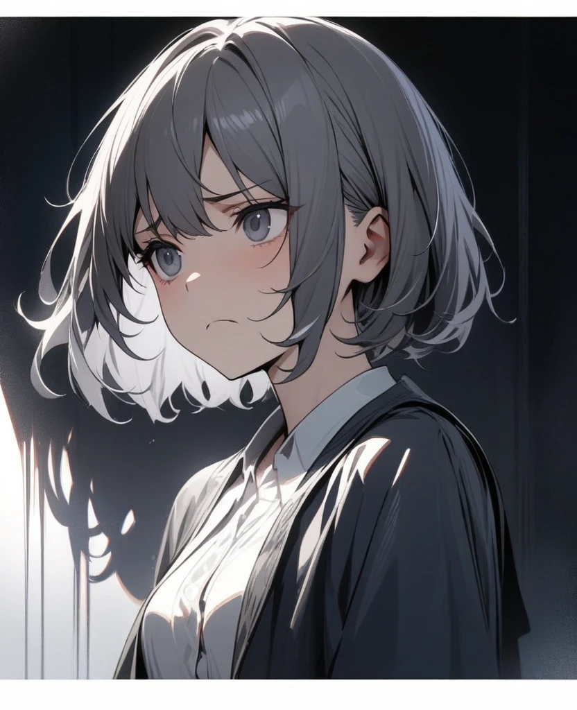 masterpiece, best quality, very aesthetic, absurd, up to date,1 Girl,Upper Body, (Fear,Melancholy,Shadowed side,frown),
Dark grey hair, Multi-colored hair,short hair, #5: Parted Bangs,Fold-eared cats,s eyes