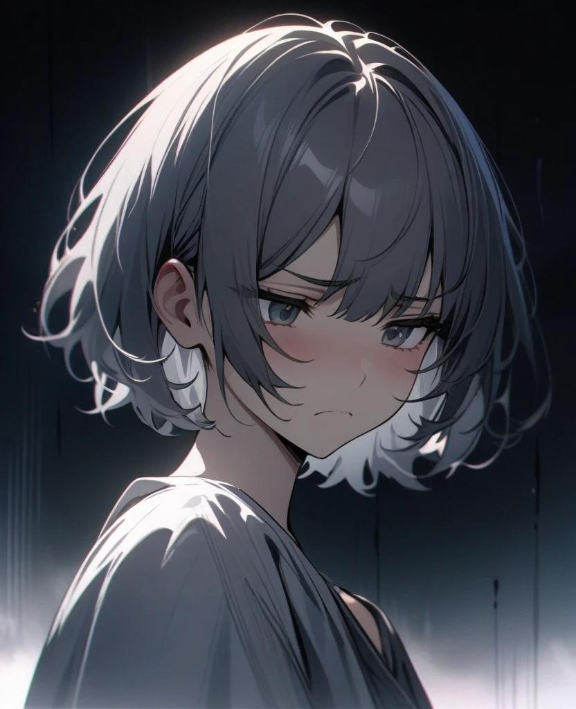 masterpiece, best quality, very aesthetic, absurd, up to date,1 Girl,Upper Body, (Fear,Melancholy,Shadowed side,frown),
Dark grey hair, Multi-colored hair,short hair, #5: Parted Bangs,Fold-eared cats,s eyes