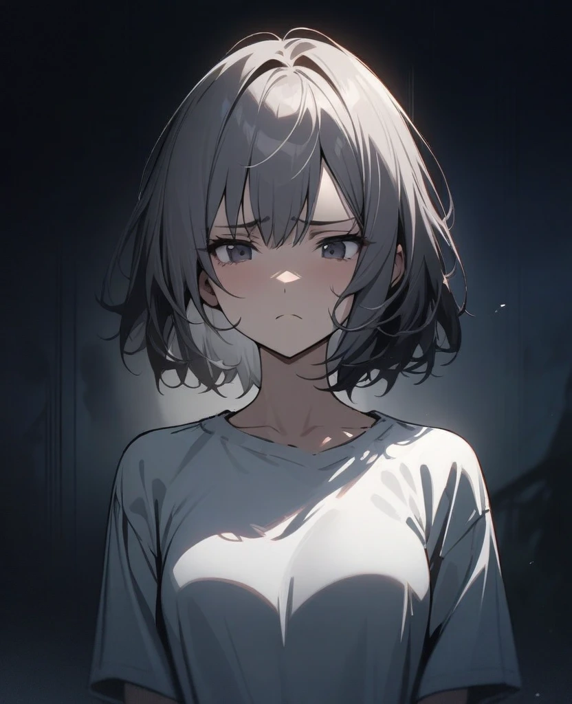 masterpiece, best quality, very aesthetic, absurd, up to date,1 Girl,Upper Body, (Fear,Melancholy,Shadowed side,frown),
Dark grey hair, Multi-colored hair,short hair, #5: Parted Bangs,Fold-eared cats,s eyes