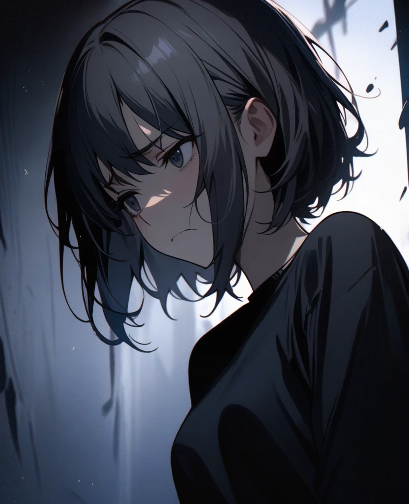 masterpiece, best quality, very aesthetic, absurd, up to date,1 Girl,Upper Body, (Fear,Melancholy,Shadowed side,frown),
Dark grey hair, Multi-colored hair,short hair, #5: Parted Bangs,Fold-eared cats,s eyes