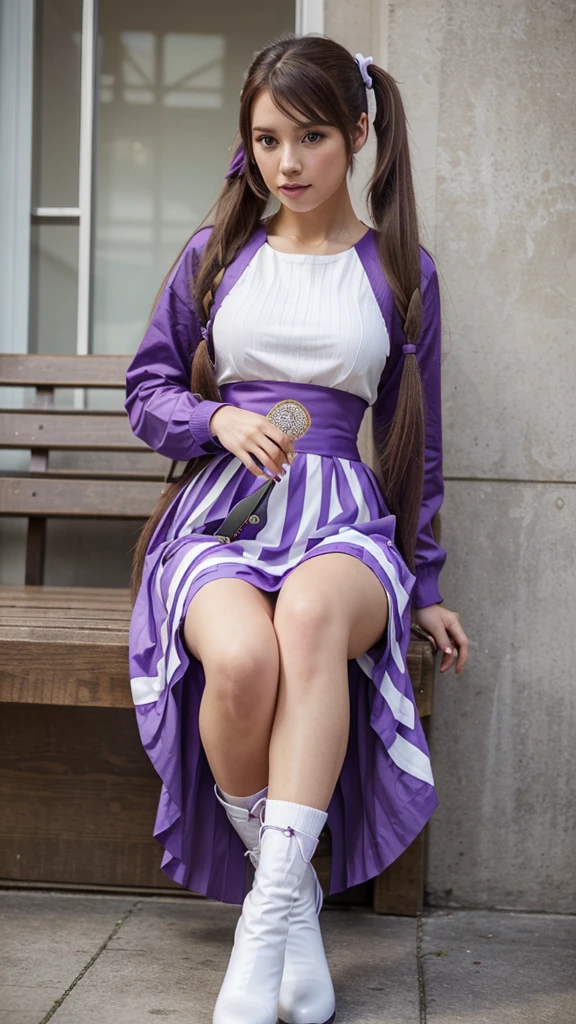 ((masterpiece, best quality))1girl, solo, fashion purple dress modern future, electric guitar, headphones, ponytail, holding, holding plectrum, instrument, very very long brown hair rapunzel, music, one side up, teal hair, twin tails, playing guiter, pleated long skirt fashion, fashion dress modern purple and white, interior, full body, purple, sit down in retro classic chair, walking, jumping, beautiful boot modern, background japan city, fashion costume cosplay japan modern, execited, dance