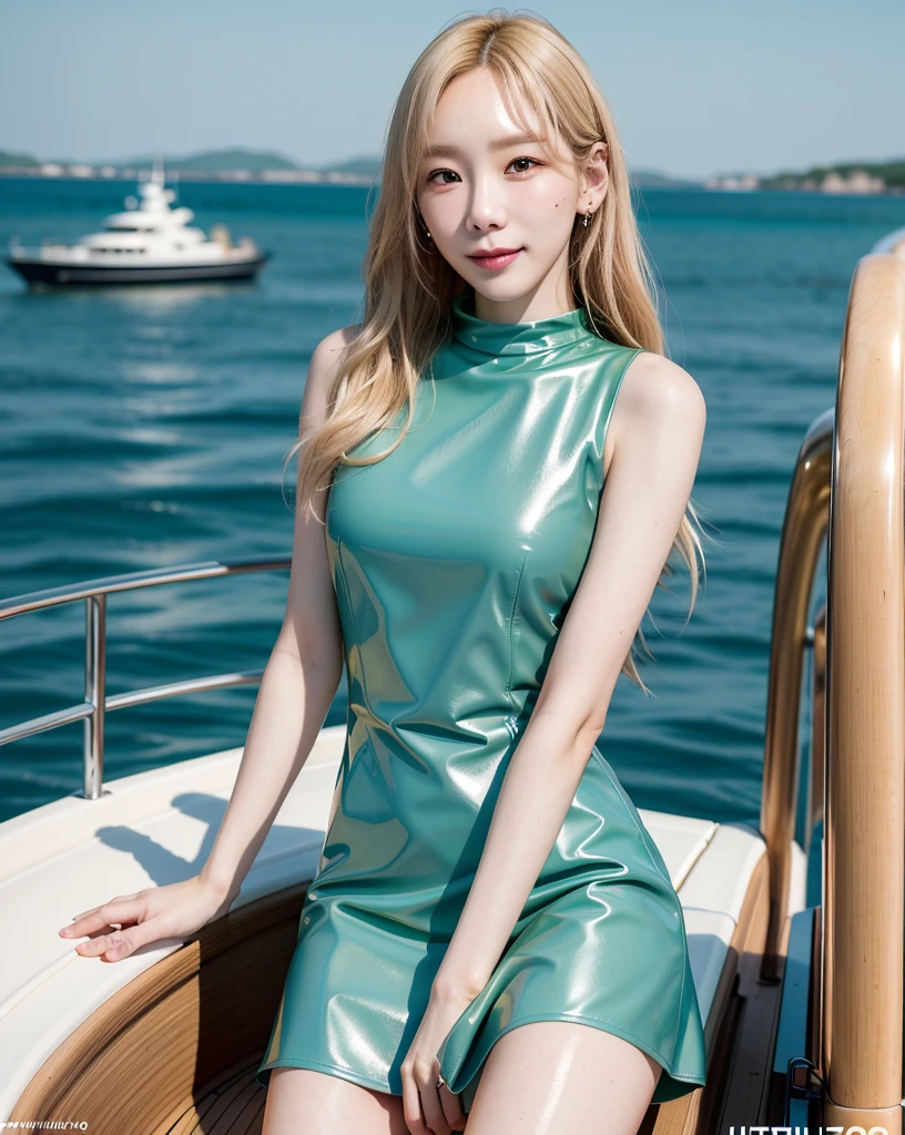 kimtaeyeon,woman,smile,happy,perfect photography,Nikon RAW photo,8 k,Fujifilm XT3,(long hair),(ash blonde),(close-up photo:1.2),(upperbody:0.5),(look at viewer:1.2), octane render, 35mm, bokeh, 9:16, (intricate details:1.12), hdr, (intricate details, hyperdetailed:1.15), realistic, (natural skin texture, hyperrealism, soft light, sharp:1.2), masterpiece, best quality, realistic, photorealistic,ultra detailed,perfect lighting,slim,portrait photo,beautiful blue sky, (green latex dress:1.2) with golden accessories, (ootd), (yacht deck:1.2),(golden hour), sleeveless,
