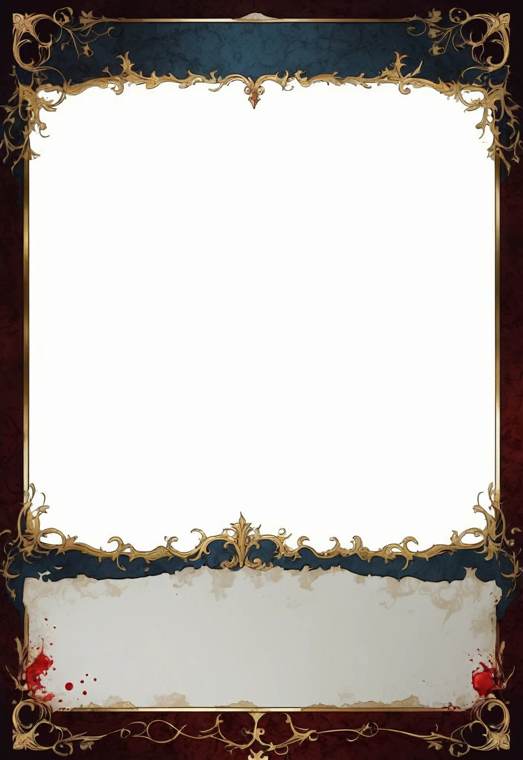 A card border UI，Medieval European aristocracy design，Noble and elegant dark style，There are blood stains on the parchment backing.。