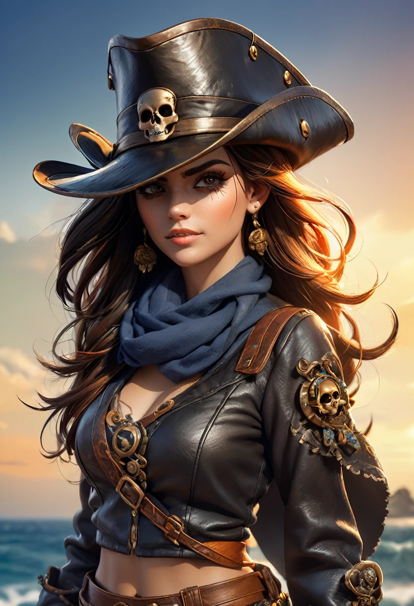 Mulher pirata em seu navio,sexy corpo inteiro,braided hair,leather hat,cigarro na boca,eye patch with skull design,segurando uma pistola flintlock,tatuagem,Navios piratas BREAK,mar,sol,suar,Fruta laranja,corda,Artwork,..3d,4k,circunstanciado,Realistic,Arte digital altamente detalhada em 4k,octan render, bioluminescente, BREAK 8K resolution concept art, realismo,by Mappa Studios,master part,best quality,Arte Oficial,illustration,Linha clara,(Fresco_Cor),perfect composition,absurdos, fantasia,concentrado,rule of thirds