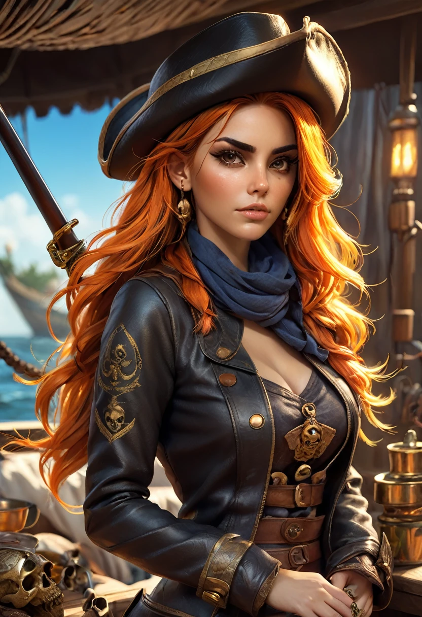 Mulher pirata em seu navio,sexy corpo inteiro,braided hair,leather hat,cigarro na boca,eye patch with skull design,segurando uma pistola flintlock,tatuagem,Navios piratas BREAK,mar,sol,suar,Fruta laranja,corda,Artwork,..3d,4k,circunstanciado,Realistic,Arte digital altamente detalhada em 4k,octan render, bioluminescente, BREAK 8K resolution concept art, realismo,by Mappa Studios,master part,best quality,Arte Oficial,illustration,Linha clara,(Fresco_Cor),perfect composition,absurdos, fantasia,concentrado,rule of thirds