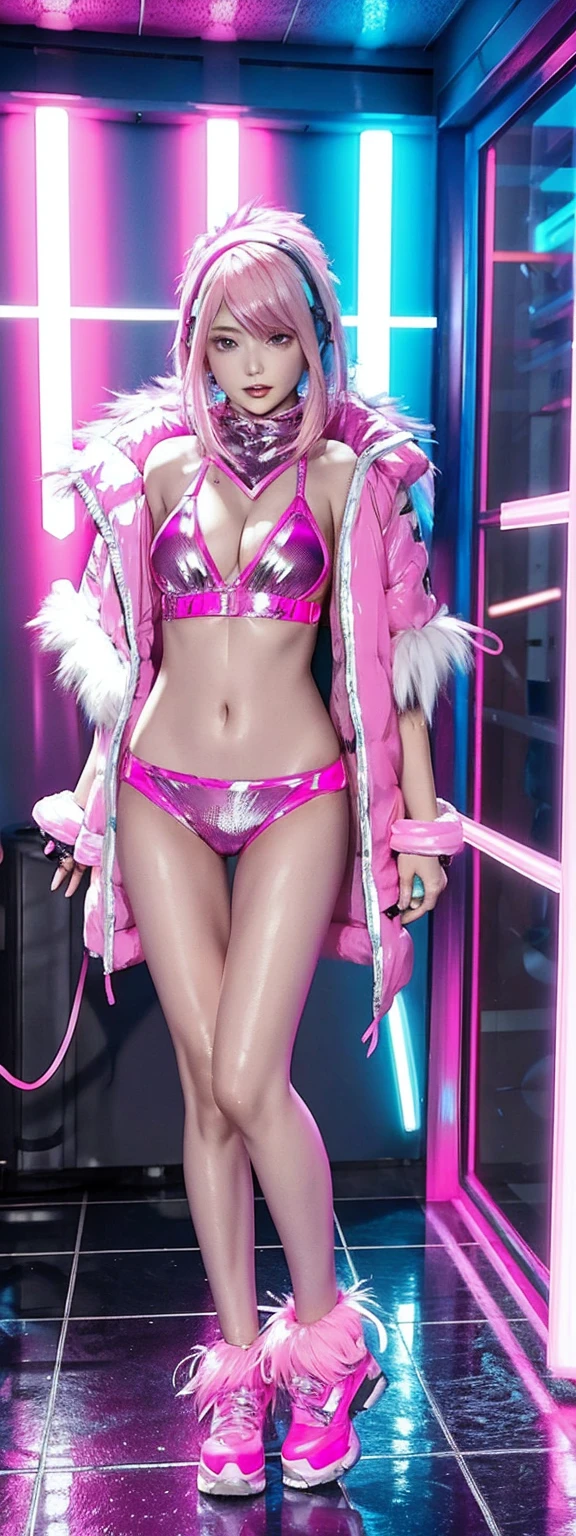 Photo of unaware female wearing sexy rave party outfit, feathered jacket, pink hair, wide eye,  lights, indoor, high saturation, soft focus, hyper details, cinematic lighting, concept art, full body