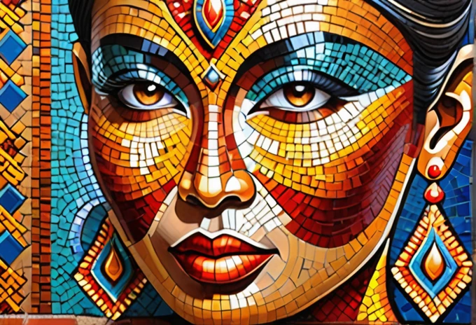 Geometric mosaic art (Place a mosaic of a Thai woman.) , bright colors, , Fine Arts,  Masterpiece, sublime art, balance,Intricate and suggestive details, 8k, Exaggerated . Geometric shapes, abstract, innovation, revolutionize