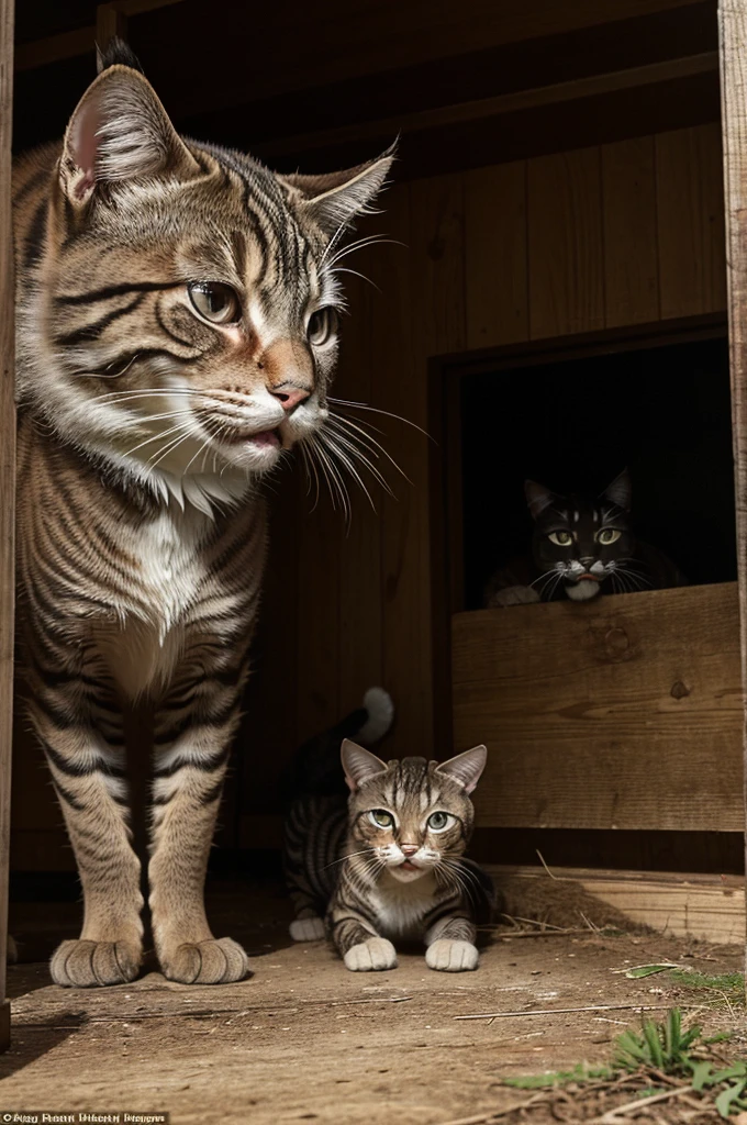 From his vantage point, Whiskers began to meow loudly, imitating the sound of a much larger and fiercer animal. The dogs, startled by the unexpected noise, froze in their tracks. They looked around nervously, unsure of where the sound was coming from.