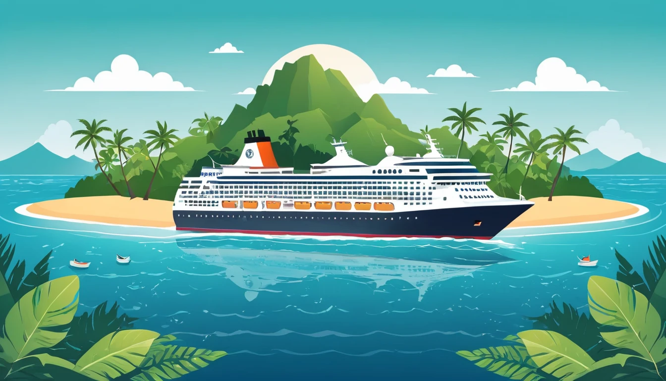 Cruise ship with island. Cruise ship in ocean with small tropical island illustration, vector art