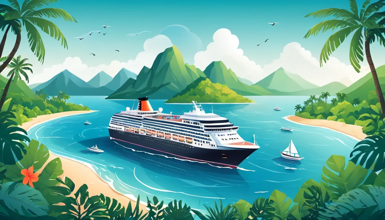 Cruise ship with island. Cruise ship in ocean with small tropical island illustration, vector art