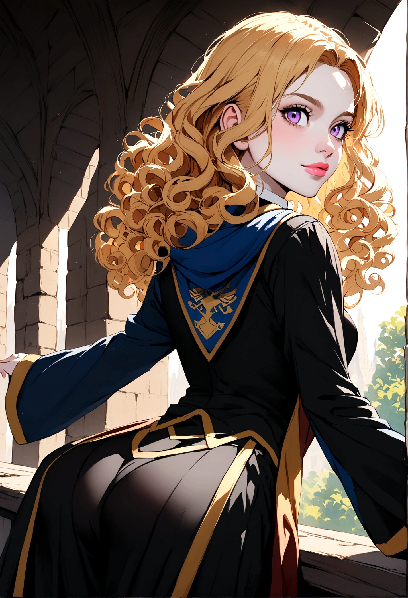 A young woman with blonde curly hair, violet eyes, pale skin, pink lips, wearing the Ravenclaw uniform from the Harry Potter series, with a good view of her butt