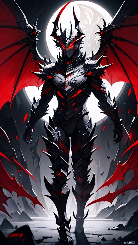 Theme: abyssal silver hell dragon,a powerful majestic red and white dragon with 2 pair of wings, realistic, masterpiece, detailed, fantastical, imaginative, powerful, strong, black background, intricate scales, glowing eyes, sharp claws, mythical creature, Indonesia inspired, dramatic lighting, photorealistic