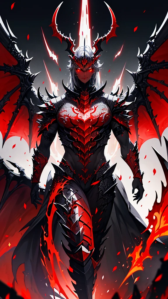 Theme: abyssal silver hell dragon,a powerful majestic red and white dragon with 2 pair of wings, realistic, masterpiece, detailed, fantastical, imaginative, powerful, strong, black background, intricate scales, glowing eyes, sharp claws, mythical creature, Indonesia inspired, dramatic lighting, photorealistic