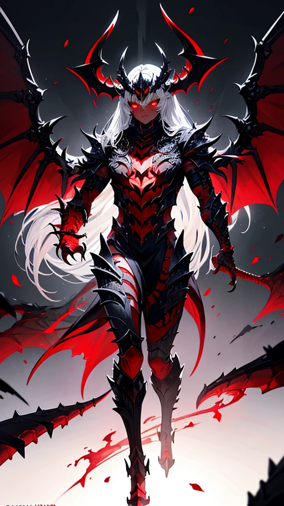Theme: abyssal silver hell dragon,a powerful majestic red and white dragon with 2 pair of wings, realistic, masterpiece, detailed, fantastical, imaginative, powerful, strong, black background, intricate scales, glowing eyes, sharp claws, mythical creature, Indonesia inspired, dramatic lighting, photorealistic