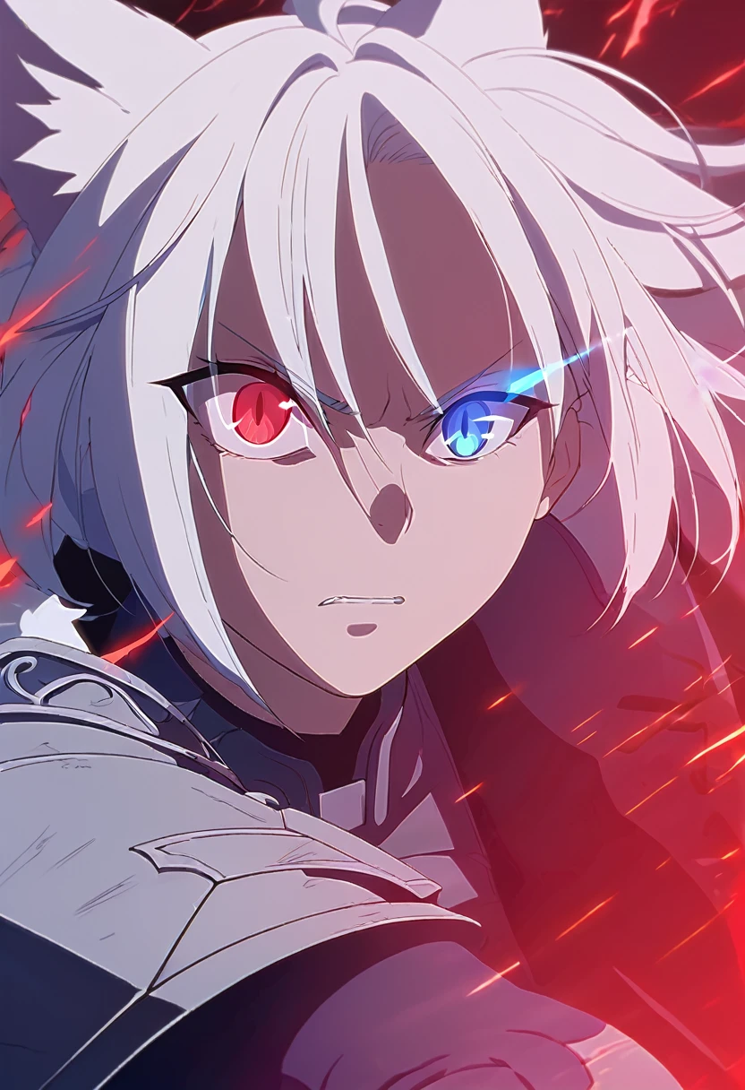 a beautiful blue and black kitsune, detailed portrait, intricate details, elegant, sensual, 1girl, long white hair, long white tail, heterochromia(one blue eye,one red eye), wearing armor, attacking pose, eyes, surrounded by blue energy, one eye glowing intensely, behind her would be a huge dark red energy ball, serious and fierce expression, standing with a large katana behind her surrounded by red and blue lightning, detailed eyes and face,longeyelashes,vivid colors, anime style