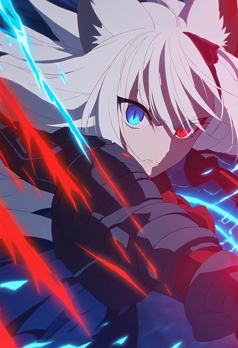 a beautiful blue and black kitsune, detailed portrait, intricate details, elegant, sensual, 1girl, long white hair, long white tail, heterochromia(one blue eye,one red eye), wearing armor, attacking pose, eyes, surrounded by blue energy, one eye glowing intensely, behind her would be a huge dark red energy ball, serious and fierce expression, standing with a large katana behind her surrounded by red and blue lightning, detailed eyes and face,longeyelashes,vivid colors, anime style