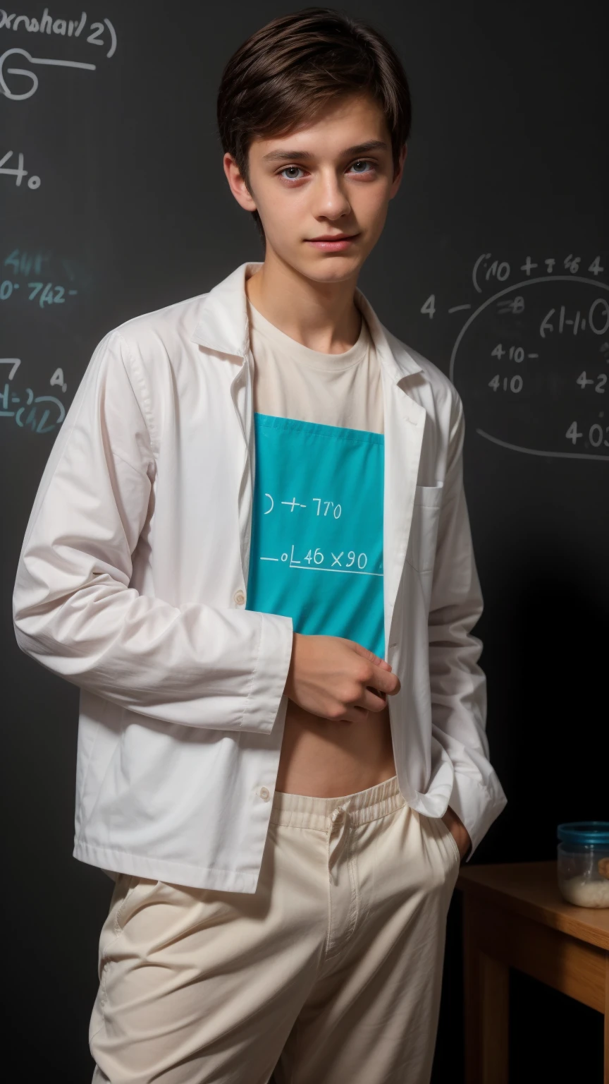 A young, cute, beautiful male twink with black hair, wearing a luxurious white long-sleeved shirt and blue pants. He is in his private scientific office, and behind him is a blackboard with calculus written on it, and neon energy with chemical equations comes out of it. He looks on proudly, and his eyes have dark circles underneath them.