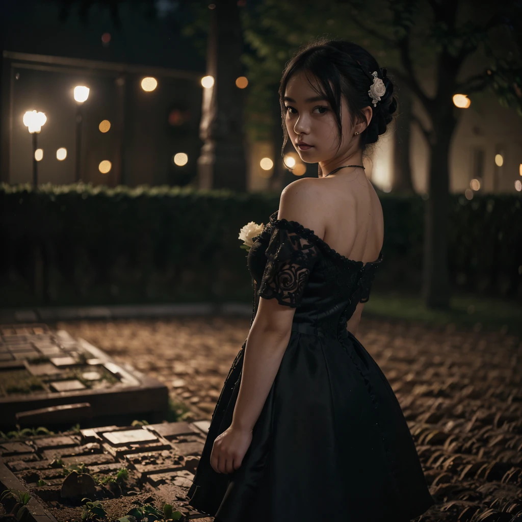 (masterpiece), (extremely intricate:1.3), (realistic), photo of a a bit chubby charming pale Japanese  girl wearing a short black shoulderless gothic dress holding a white rose, (baroque hairstyle), plan american, spooky graveyard at night, professional photograph of a stunning teenl detailed, sharp focus, dramatic, award winning, cinematic lighting, volumetrics dtx, (film grain, blurry background, blurry foreground, bokeh, depth of field, night, motion blur:1.3), 4k, 8k, hd, hdr