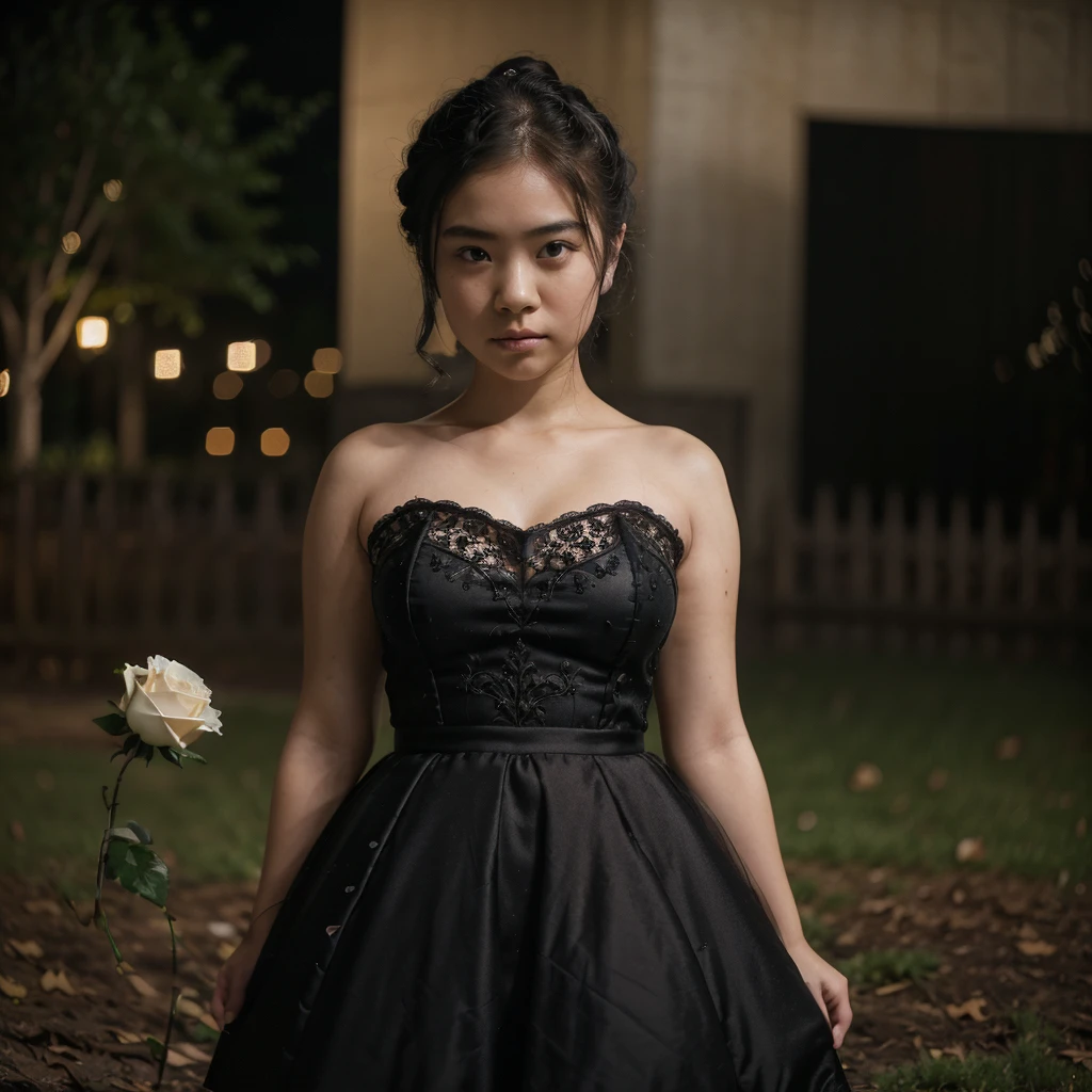 (masterpiece), (extremely intricate:1.3), (realistic), photo of a a bit chubby charming pale Japanese girl wearing a short black shoulderless gothic dress holding a white rose, (baroque hairstyle), plan american, spooky graveyard at night, professional photograph of a stunning teenl detailed, sharp focus, dramatic, award winning, cinematic lighting, volumetrics dtx, (film grain, blurry background, blurry foreground, bokeh, depth of field, night, motion blur:1.3), 4k, 8k, hd, hdr