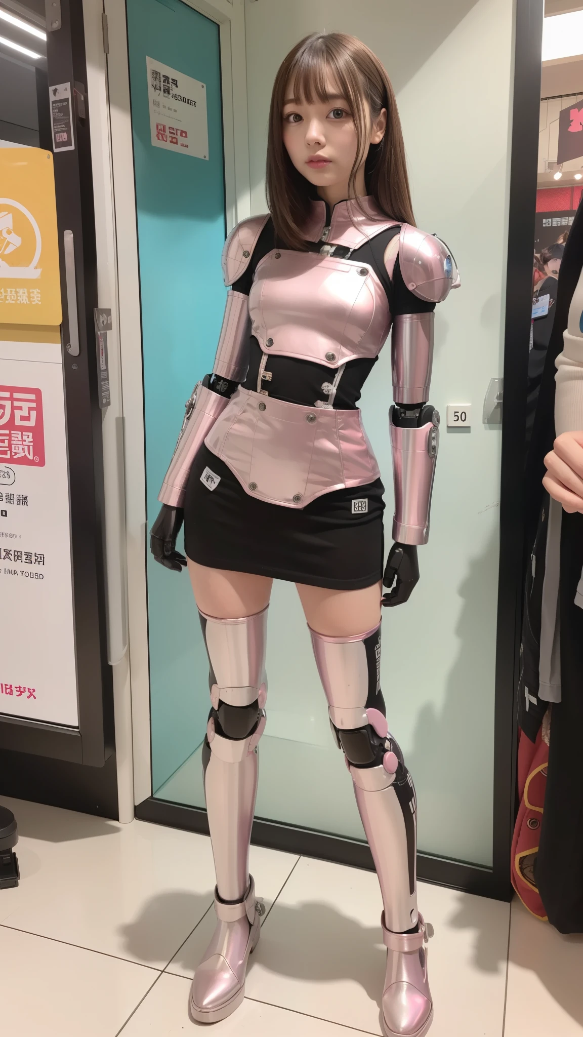 Robot Girl, pink, Silver, Metallic body, Robot Parts, Metal Parts, Super Detailed Face, Super well-formed face, of the highest quality, a small face, a small head, Brown hair, Slender body, Camera gaze, Internal Mechanical Exposure, Idol, front facing, Well-proportioned body, sale, Exhibited, Event Hall, Moe Pose, pink metallic Lolita dress machine armor, Standing with legs open, Model body type, sad, Embarrassing,(Perfect Robot Girl),(Perfect machine body)