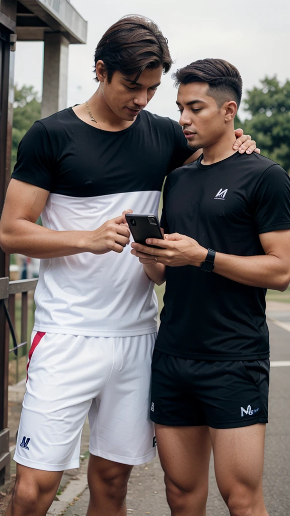 a father and son using a mobile phone together wearing MOVICELL brand clothing