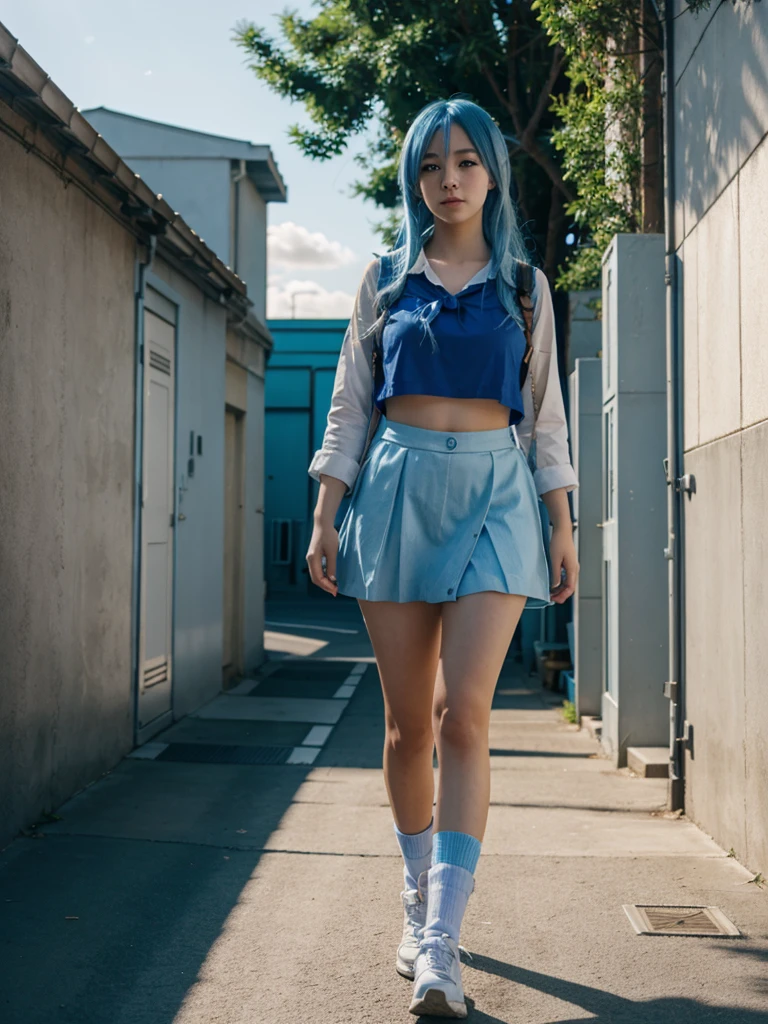 blue hair, sunlight, anime girl 4k, girl walking, 