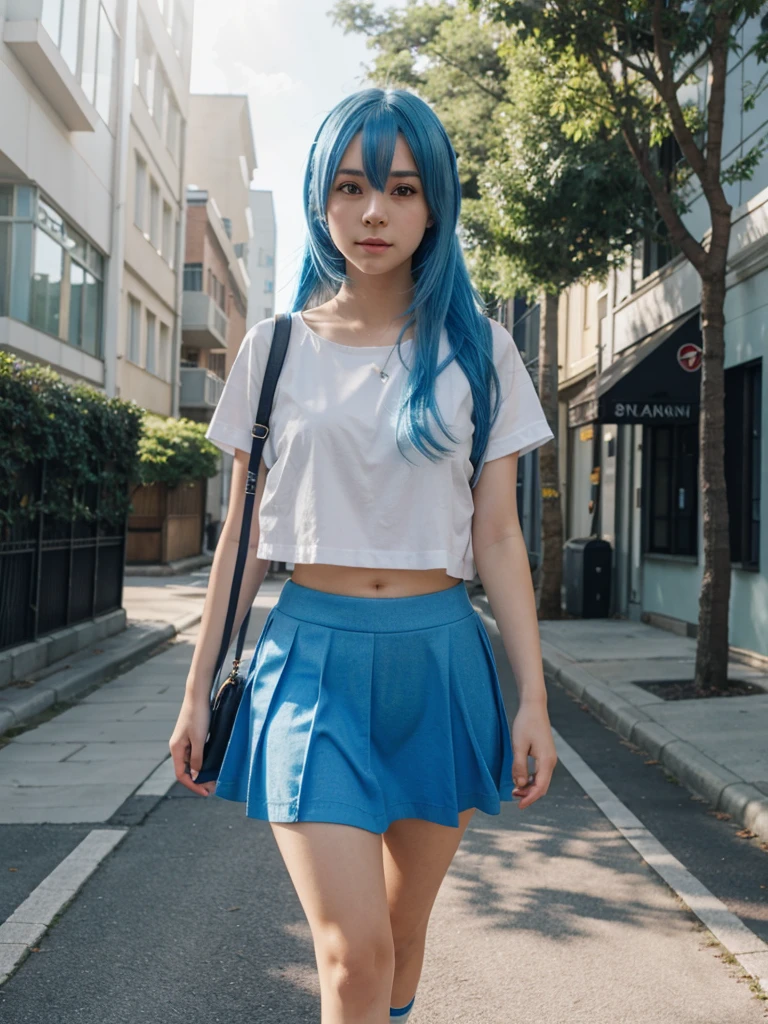 blue hair, sunlight, anime girl 4k, girl walking,