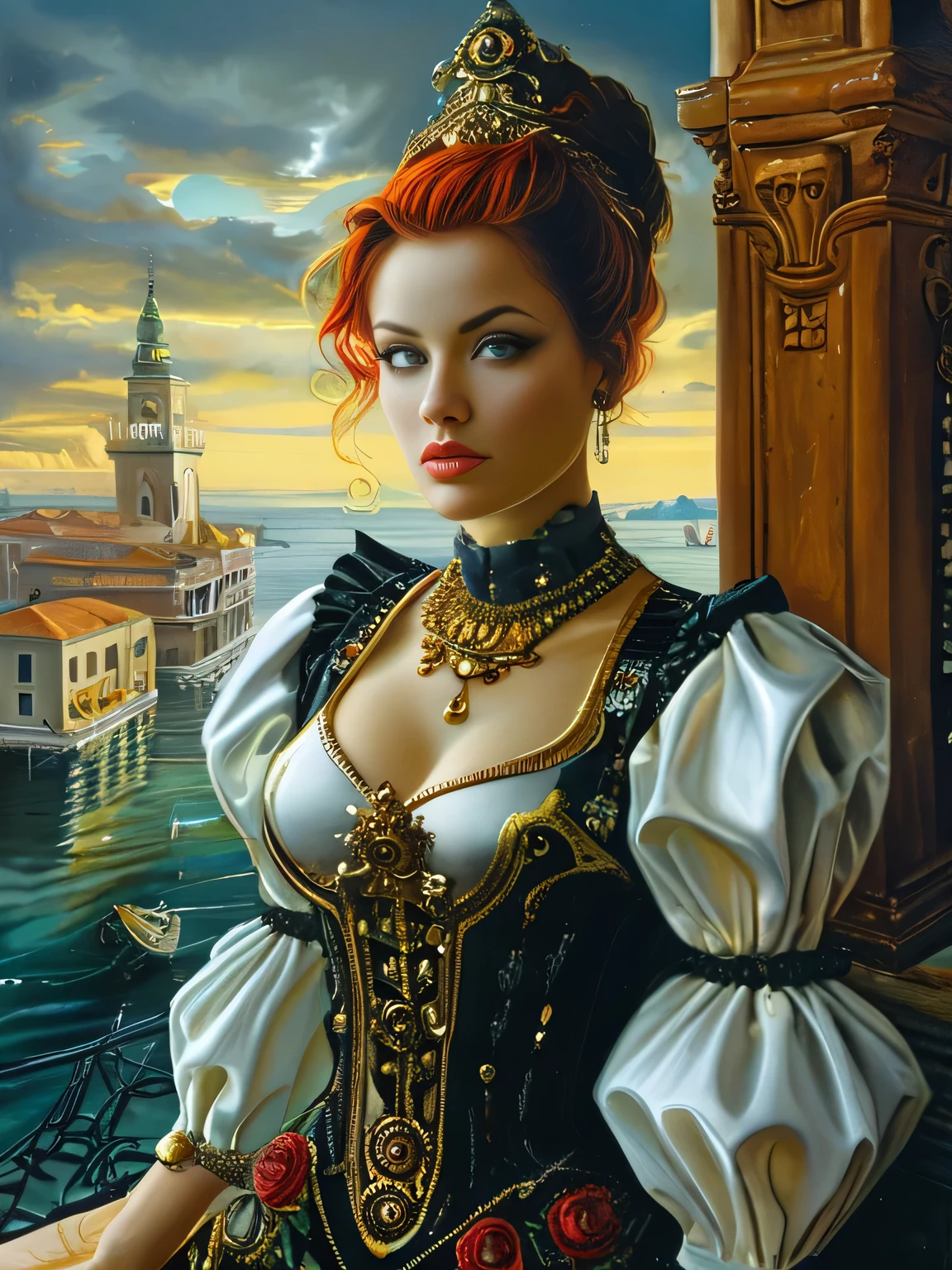 An ultra hot gorgeous European woman.age 23. Cyberpunk.masterpiece,best quality,indoor,illustration,oil painting,style of Michael Cheval,