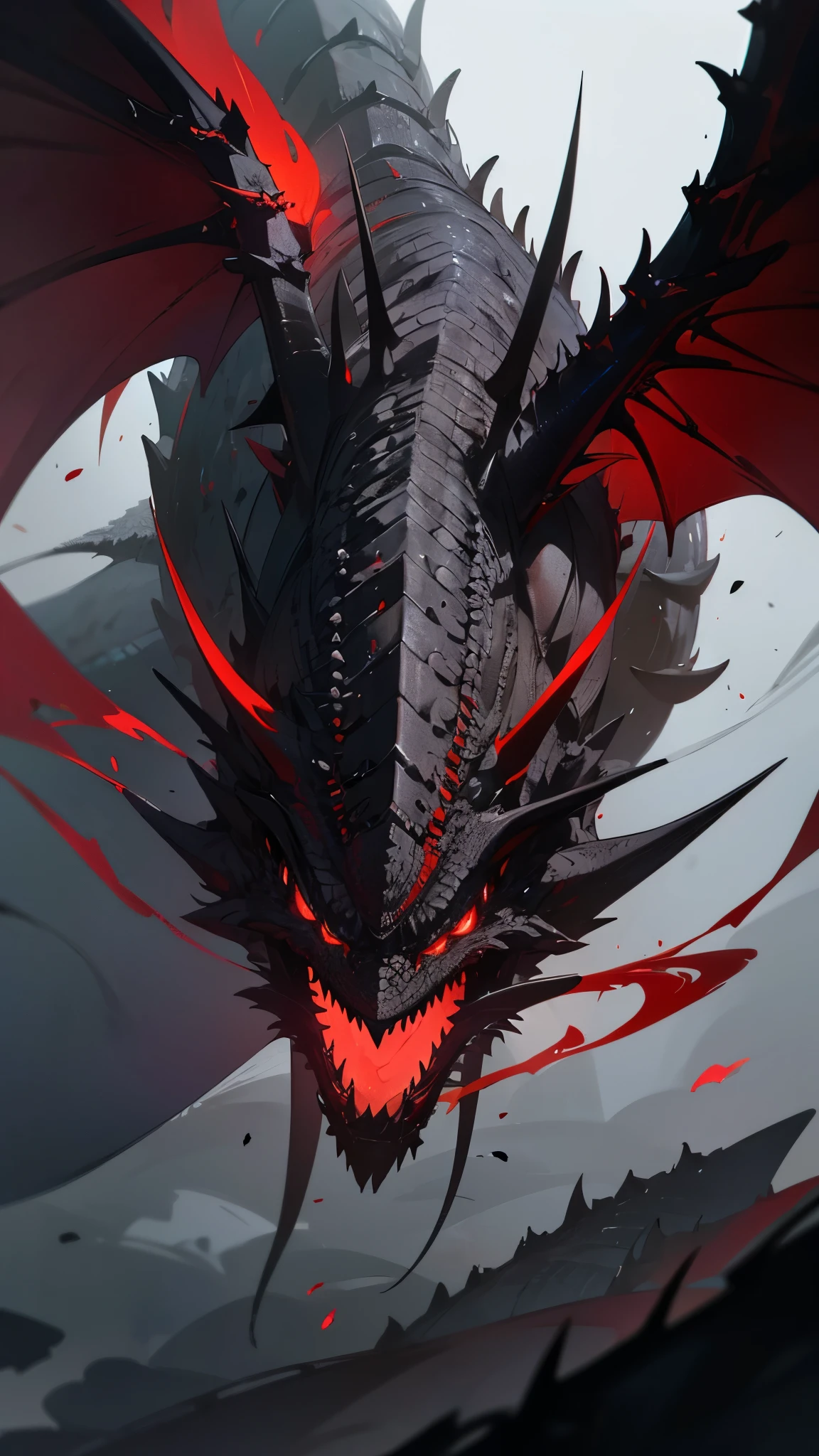 Theme: abyssal silver hell dragon,a powerful majestic red and white dragon with 2 pair of wings, realistic, masterpiece, detailed, fantastical, imaginative, powerful, strong, black background, intricate scales, glowing eyes, sharp claws, mythical creature, Indonesia inspired, dramatic lighting, photorealistic