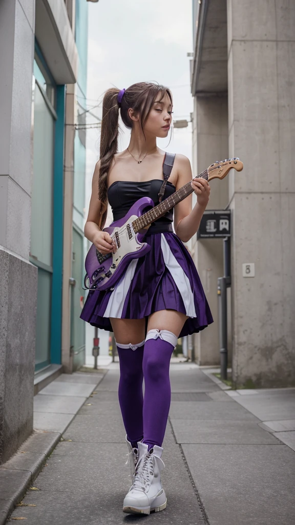 ((masterpiece, best quality))1girl, solo, fashion purple dress modern future, electric guitar, headphones, ponytail, holding, holding plectrum, instrument, very very long brown hair rapunzel, music, one side up, teal hair, twin tails, playing guiter, pleated long skirt fashion, fashion dress modern purple and white, interior, full body, purple, sit down in retro classic chair, walking, jumping, beautiful boot modern, background japan city, fashion costume cosplay japan modern, execited, dance