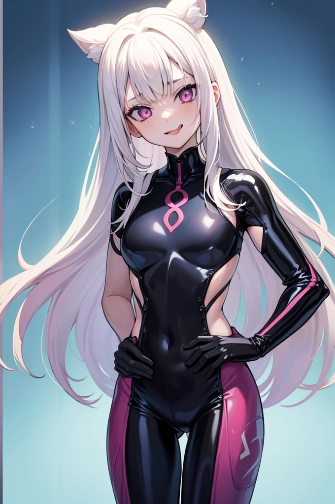 juri han,garota com、Stand,((retrato)),maximum quality、obra-prima、high resolution、(((girl with1人)))、mesa, qualidade da caminhada,fundo branco、(White garota com), ((Cabelo longo branco))),animesque,2D、((cabelo branco))、olhos azuis,albino、roupas apertadas、, barriga aberta,polainas de couro preto、Parte superior do corpo nua、rubber suit、(testa)、porta-arma、Show your tongue、um olho fechado、Sorriso