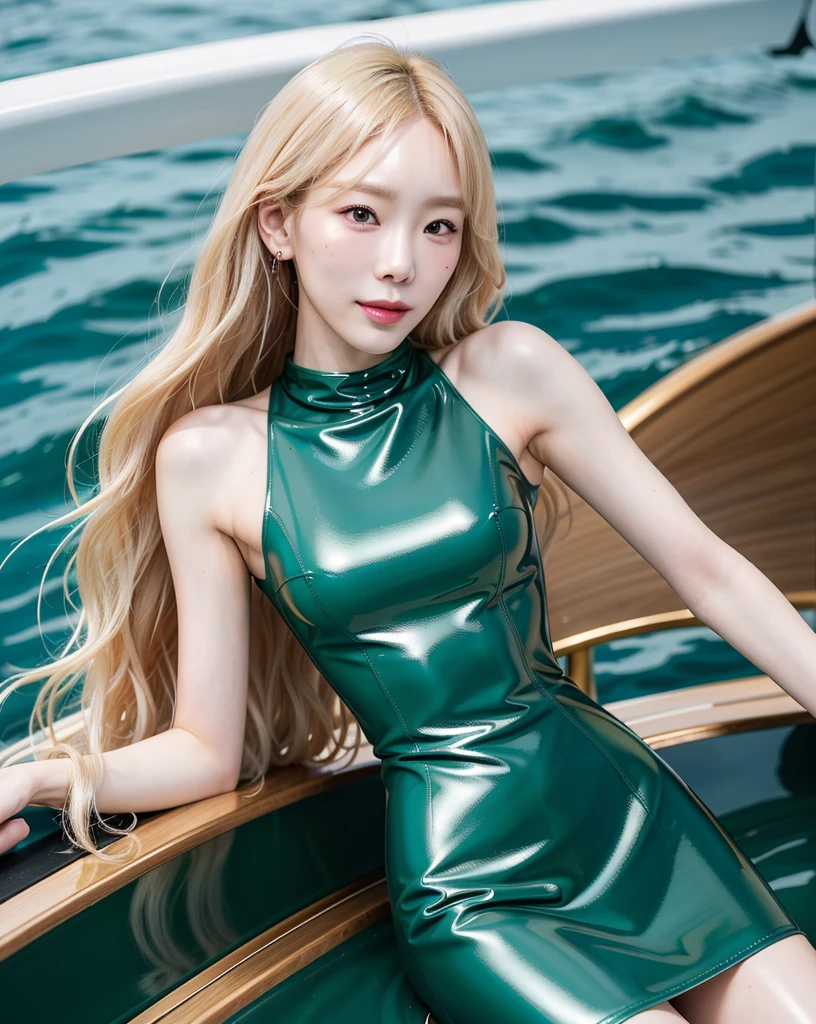 kimtaeyeon,woman,smile,happy,perfect photography,Nikon RAW photo,8 k,Fujifilm XT3,(long hair),(ash blonde),(close-up photo:1.2),(upperbody:0.5),(look at viewer:1.2), octane render, 35mm, bokeh, 9:16, (intricate details:1.12), hdr, (intricate details, hyperdetailed:1.15), realistic, (natural skin texture, hyperrealism, soft light, sharp:1.2), masterpiece, best quality, realistic, photorealistic,ultra detailed,perfect lighting,slim,portrait photo,beautiful blue sky, (green latex dress:1.2) with golden accessories, (ootd), (yacht deck:1.2),(golden hour), sleeveless,