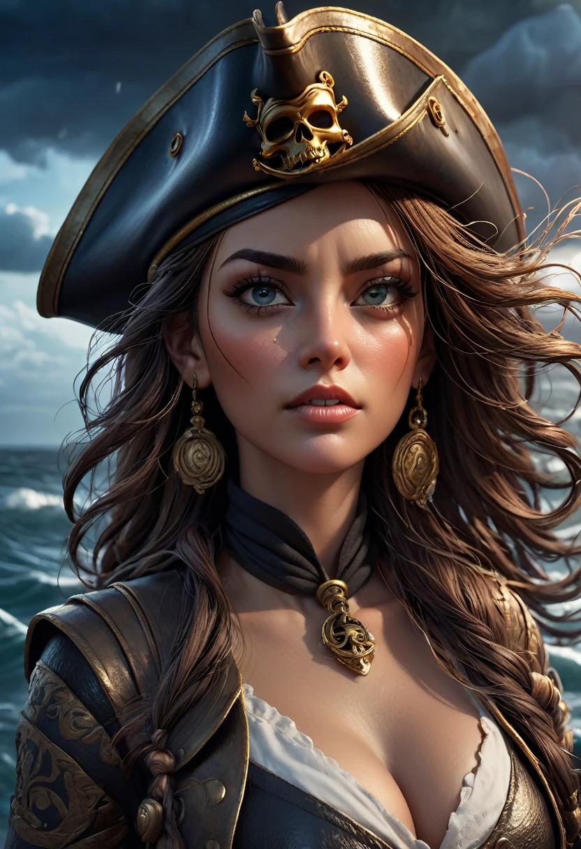 one-eyed female pirate, detailed face, intricate eye patch, pirate ship, stormy sea, dramatic lighting, cinematic atmosphere, digital art, concept art, highly detailed, 8k, photorealistic, masterpiece