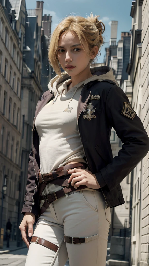(bestquality,masterpiece), AnnieAOT, solo, hood, hoodie, paradis_military_uniform, jacket, uniform, emblem, feathers, upper body, thigh, hands on hip, emblem, belt, thigh strap, pants, white pants, standing, idle, looking at viewer