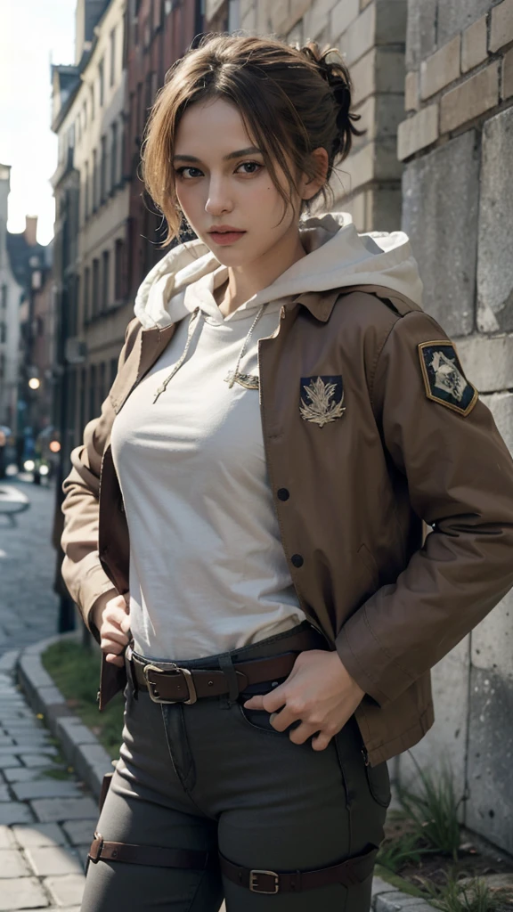 masterpiece, Highest quality, Very detailed, Annie_Leonhard, One girl, Mature Woman, Mature Face, thick, alone, Long sleeve, Jacket, Open clothes, Food, open Jacket, Foodie, Food down, brown Jacket, white Foodie, Paradis military uniform, Forest Background, Volumetric lighting, Intricate details, Tone Mapping, Sharp focus, Super detailed, Trending on Art Station