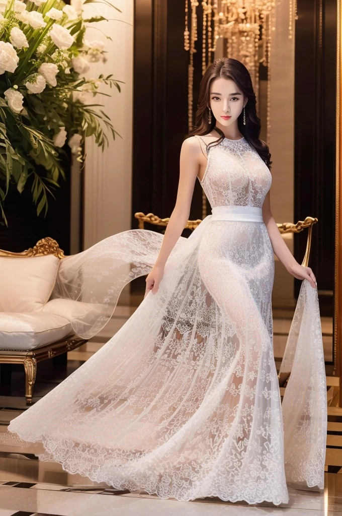 1 female,solo,Realistically,非常高的quality,Extremely detailed,(Huge breasts),Best lighting,quality:8K,Soft skin tone,author:Li Geba,Sexy ,Pure white dress,Luxury lobby,High-end furniture,stand up。