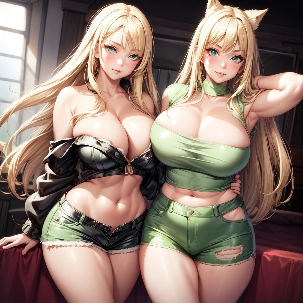 ((1 girl)), solo, Big round breasts, clevage, curvy body, realistic, blonde hair, light green eyes, amazing big eyes, eye details, eyebrow details, black latex bra, latex shorts big lips, blush, confident, dominant, bdsm, smirk, naughty, mischevious face, HD, good quality, crop top, curvy, standing up, looking up, hot, bedroom