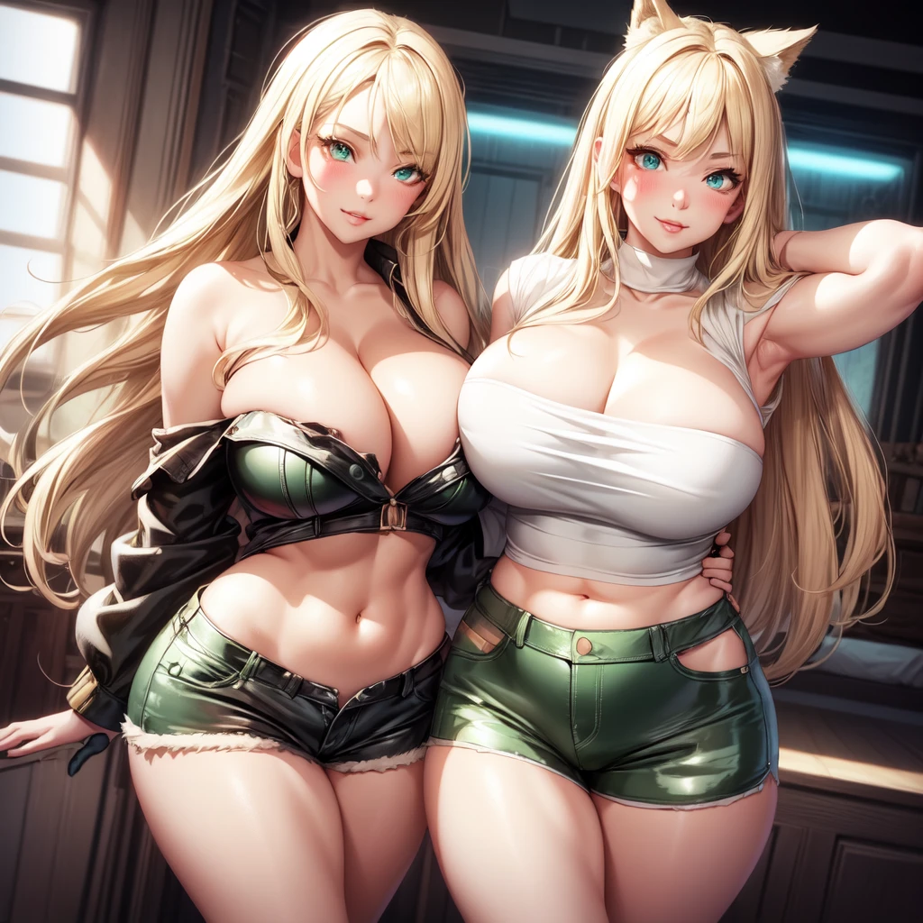 ((1 girl)), solo, Big round breasts, clevage, curvy body, realistic, blonde hair, light green eyes, amazing big eyes, eye details, eyebrow details, black latex bra, latex shorts big lips, blush, confident, dominant, bdsm, smirk, naughty, mischevious face, HD, good quality, crop top, curvy, standing up, looking up, hot, bedroom