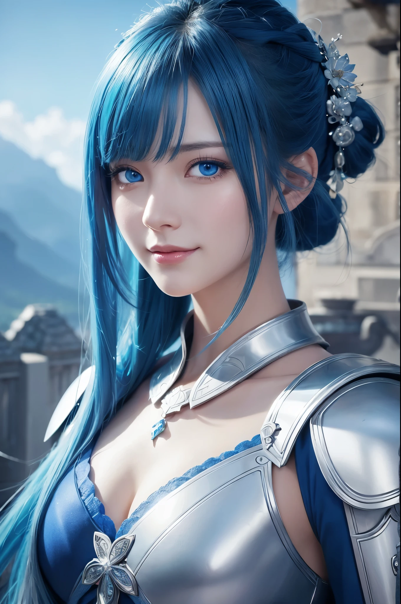 8k,Close-up of a woman in a blue and white dress、Draw your sword,Shiny blue hair, Super Beauty,(Like the real thing)blue eyes,smile.ponytail,Chengwei Pan at Art Station、 By Yang Jo、 Detailed fantasy art、Amazing character art、 Fan Art Best Art Station、 Gorgeous and detailed character art、 Beautiful Armor、Highly detailed art gems、 Detailed digital animation art、 Art Station pixiv's artgerm、 Girl in armor,Dynamic Angle,Ultra-high resolution,Laugh out loud,Realistic Skin,attractive,Sexy,Active,Rich colors, Backlight, Cinema Lighting, Film Grain, 50mm lens, Nikon D850,Ultra-high resolution,Ultra-realistic,compensate,Super sexy,Big eyes,Beautiful breasts,Dynamic pose,大きなsmile,