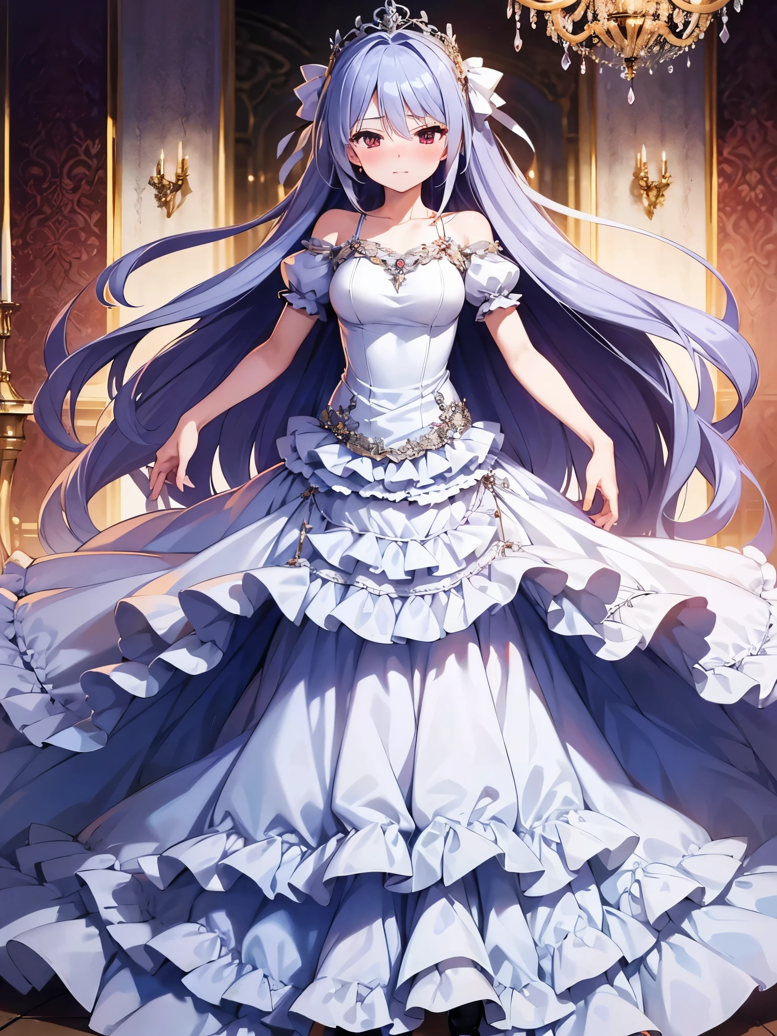 NSFW,Kazuki Kazami、Silver Hair、Long Hair、Red Eye、(Quality long dresses:1.5),(Perfect hands),(Perfect Anatomy),(masterpiece),(Highest quality),Embarrassed,blush,Luxurious mansion,chandelier