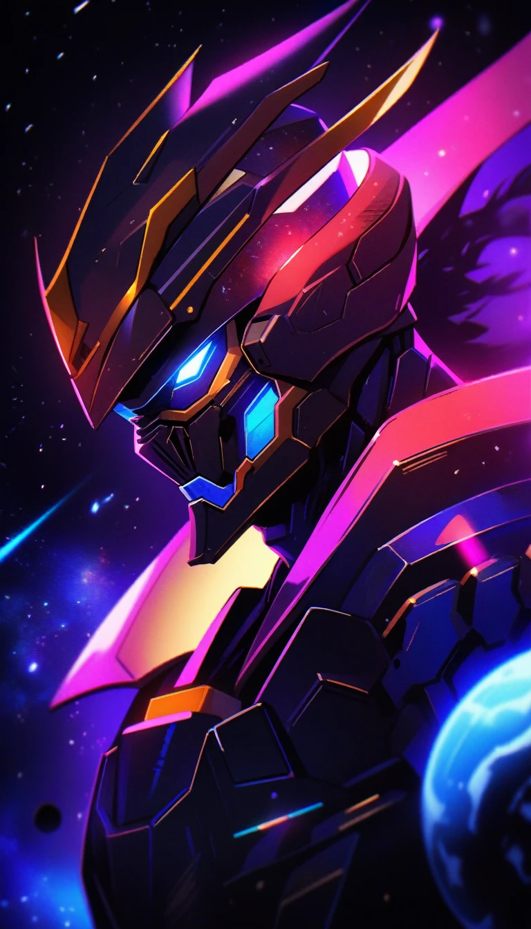 potrait of future badass samurai cyborg , detail armor , vibrant colour , galaxy with solar system as background, [cinematic, soft studio lighting, backlighting, dark background] cinematic light , 4K , high contrast
