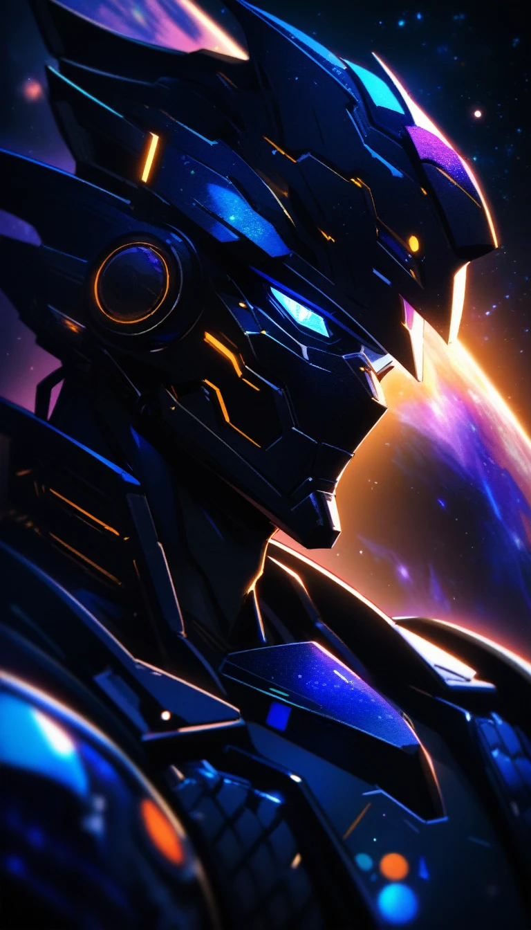 potrait of future badass samurai cyborg , detail armor , vibrant colour , galaxy with solar system as background, [cinematic, soft studio lighting, backlighting, dark background] cinematic light , 4K , high contrast
