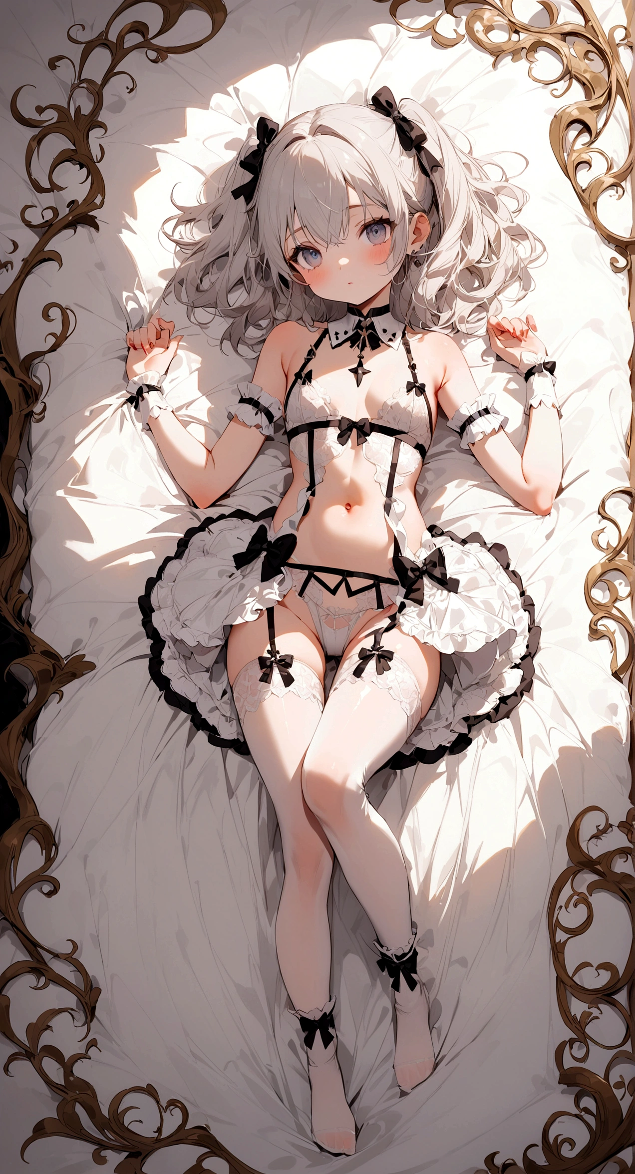 Lie flat on the bed，whole body，Scandalous clothing，petite lingerie，White lingerie