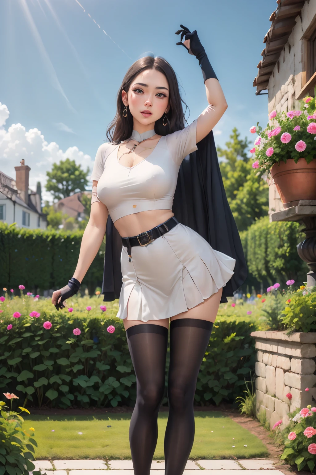 masterpiece,best quality,high resolution,Extremely detailed,Elena,have,Long hair,curls,Pink Eyes,earrings,cape,dress,Short sleeve,Gloves,belt,skirt,Black pantyhose,boots,Wind lift,blush,(Make it embarrassing:1.2),outdoor,garden,