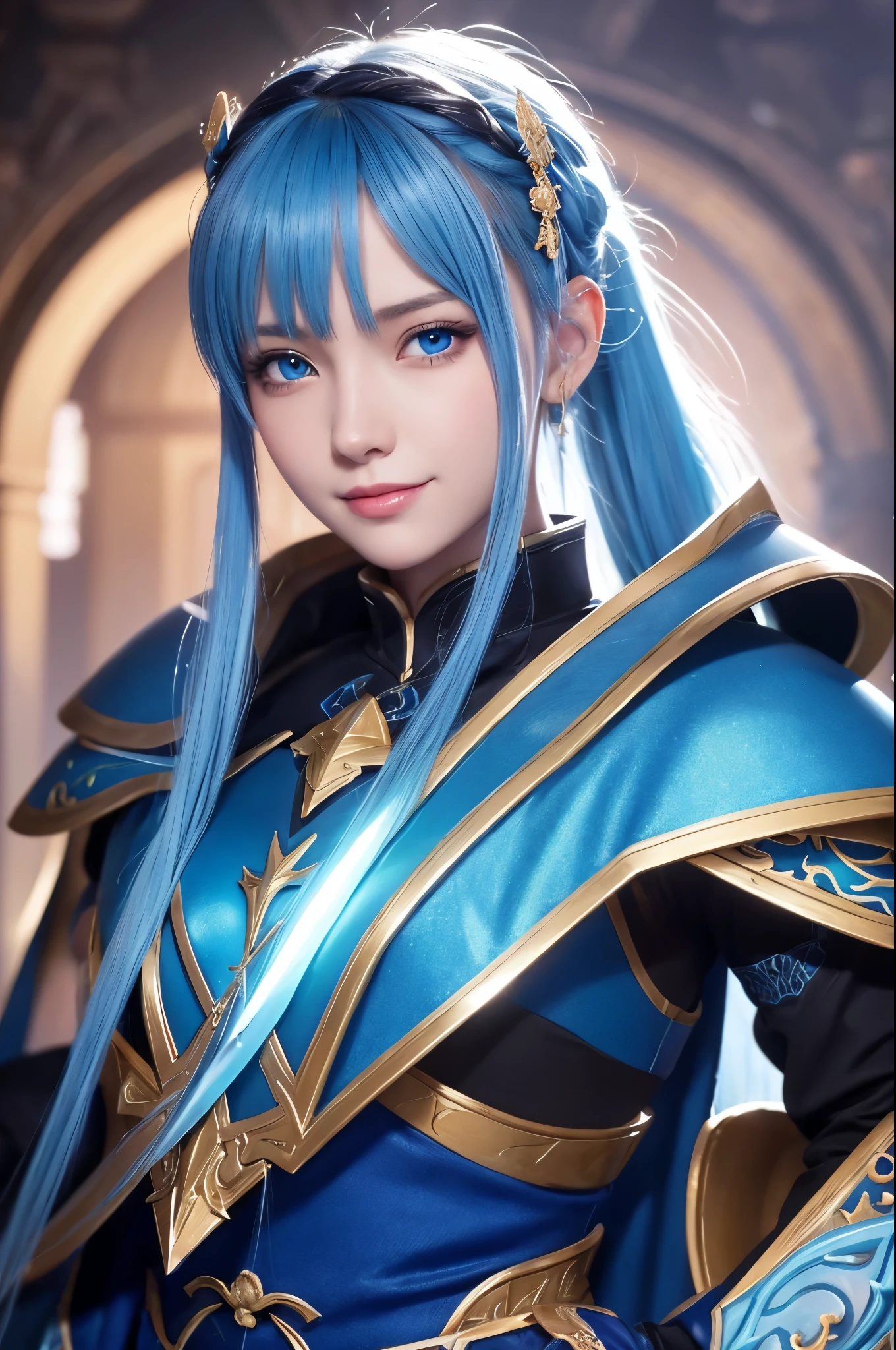 8k,Close-up of a woman in a blue and white dress、Draw your sword,Shiny blue hair, Super Beauty,(Like the real thing)blue eyes,smile.ponytail,Chengwei Pan at Art Station、 By Yang Jo、 Detailed fantasy art、Amazing character art、 Fan Art Best Art Station、 Gorgeous and detailed character art、 Beautiful Armor、Highly detailed art gems、 Detailed digital animation art、 Art Station pixiv&#39;s artgerm、 Girl in armor,Dynamic Angle,Ultra-high resolution,Laugh out loud,Realistic Skin,attractive,Sexy,Active,Rich colors, Backlight, Cinema Lighting, Film Grain, 50mm lens, Nikon D850,Ultra-high resolution,Ultra-realistic,compensate,Super sexy,Big eyes,Beautiful breasts,Dynamic pose,大きなsmile,