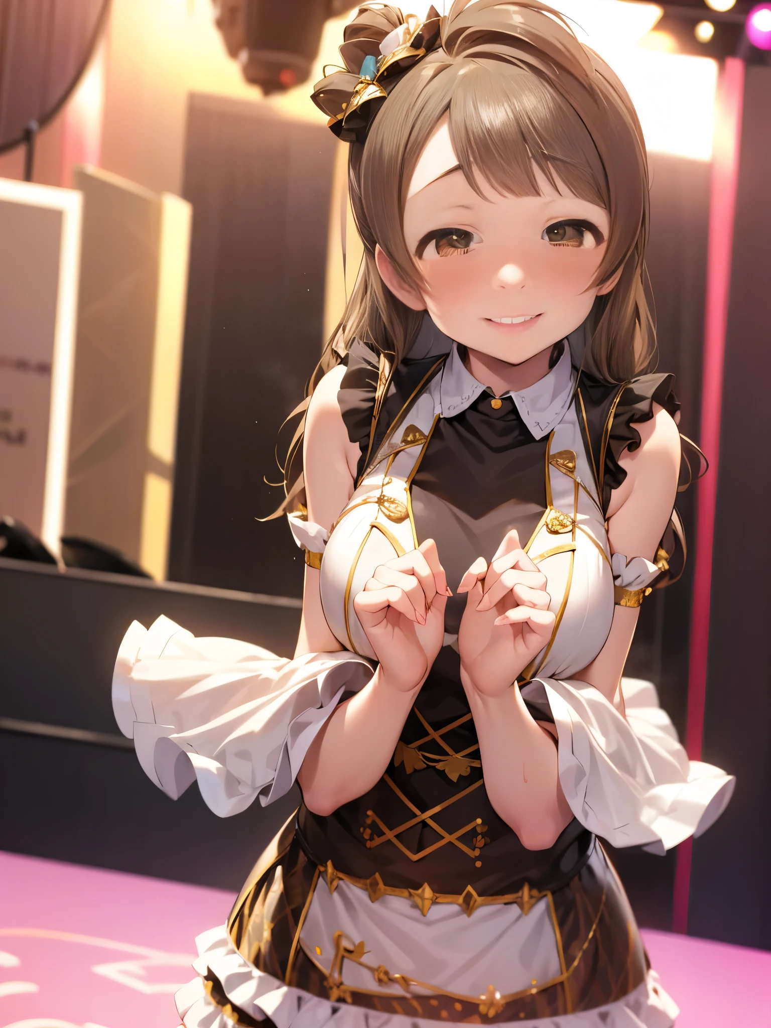 NSFW,Minami Kotori、Brown Hair、（Brown eyes：1.5）、One side up、ヘアribbon、ribbon、Long Hair、(Idol Dress:1.5)、(Perfect hands),(Perfect Anatomy),(masterpiece),(Highest quality),School,Embarrassed,blush